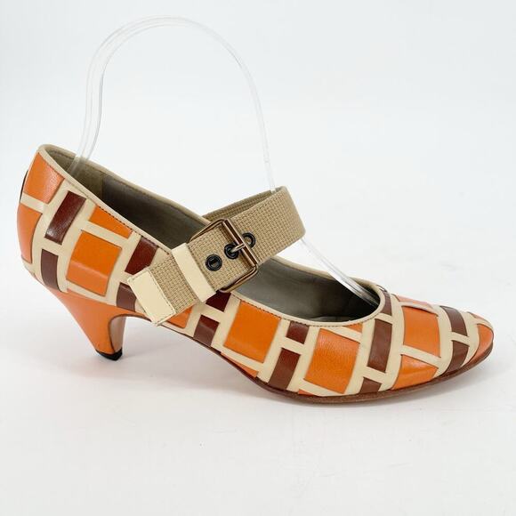 Vintage Retro Miu Miu Orange Tan Brown Woven Pointed Toe Mary Jane Pump IT 36 - Picture 2 of 11
